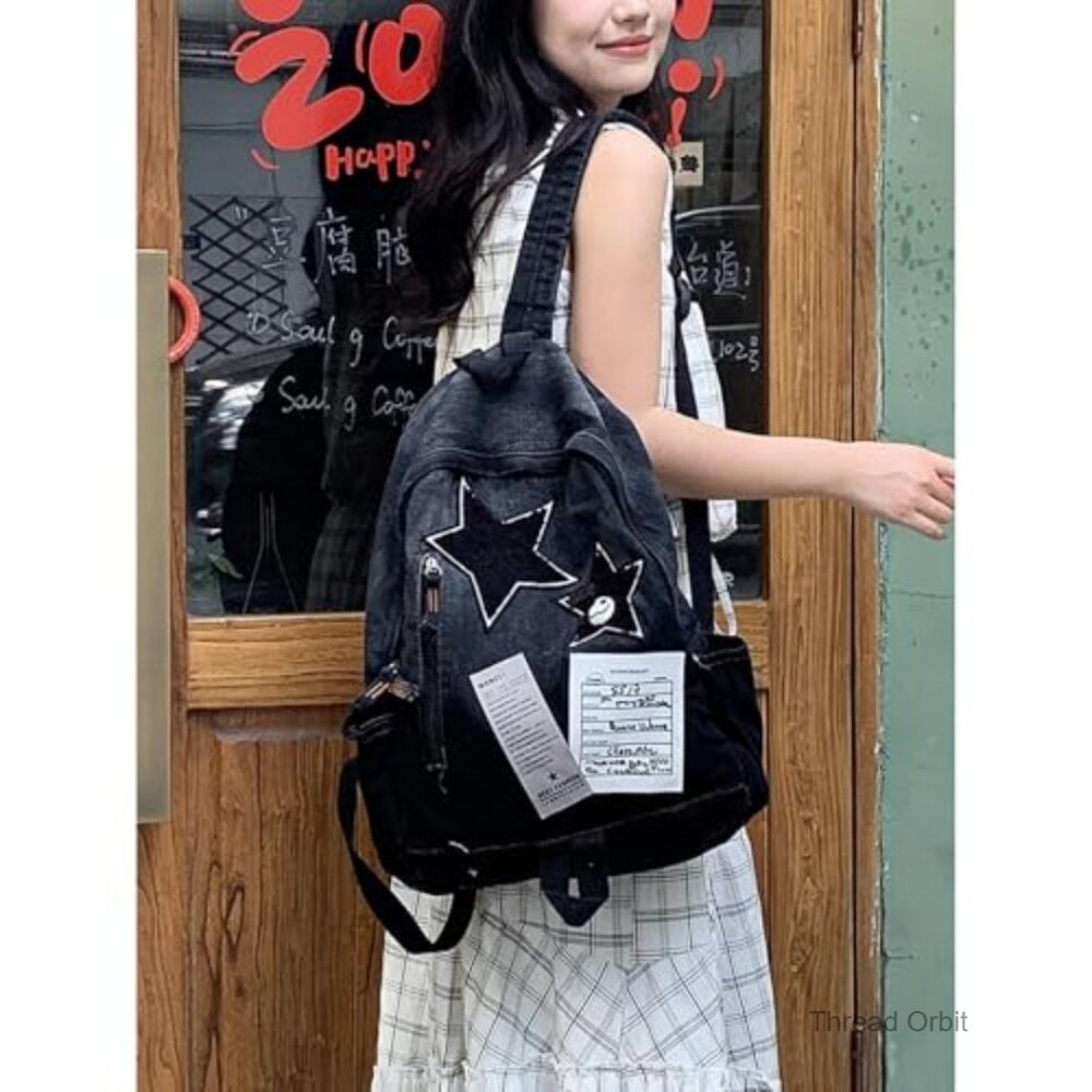 Denim Daypack Backpack with Star Pattern, Adjusta… - image 2